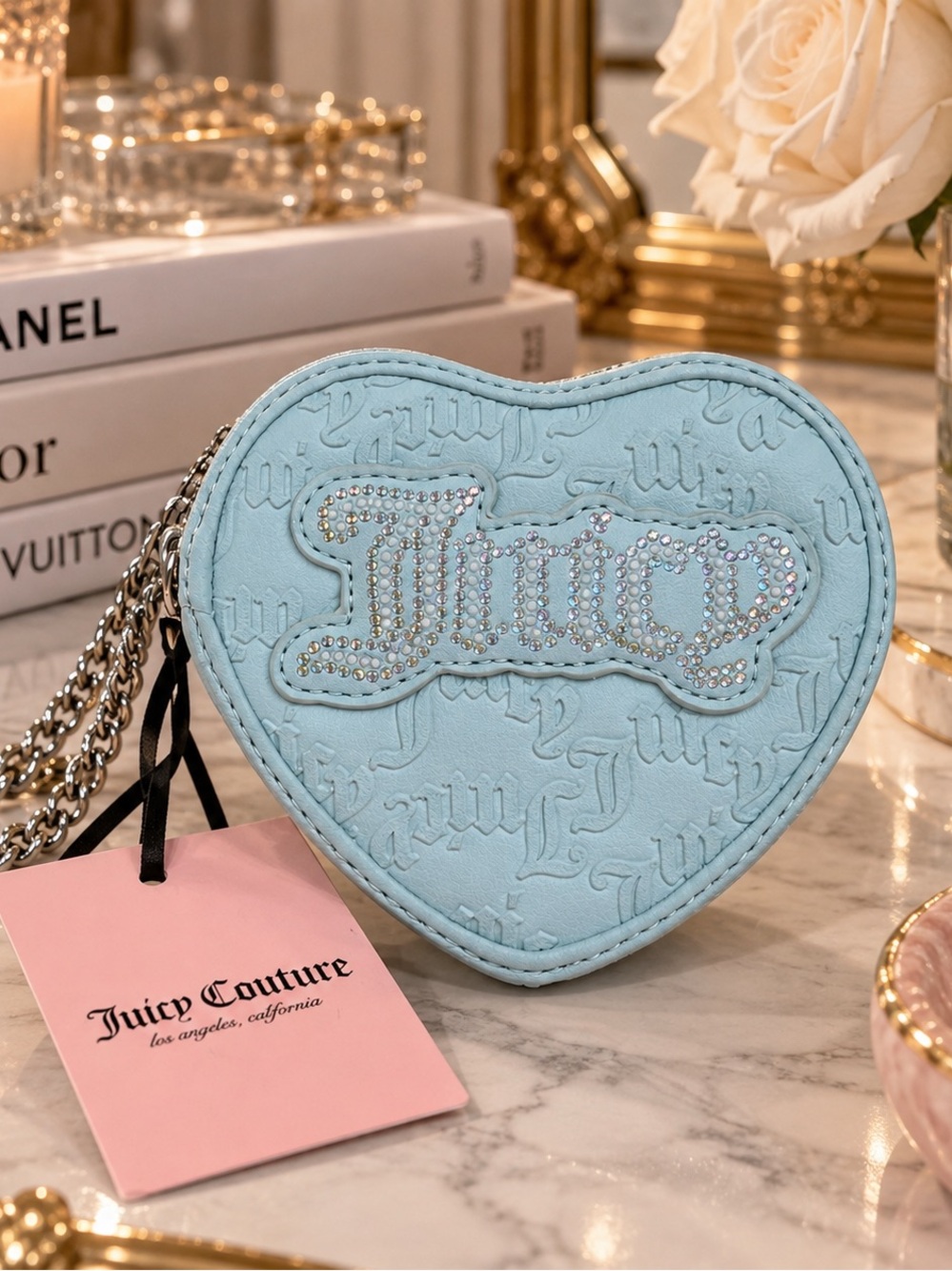 Juicy Couture Powder Blue Heart Rhinestone Mini Crossbody Wristlet NWT